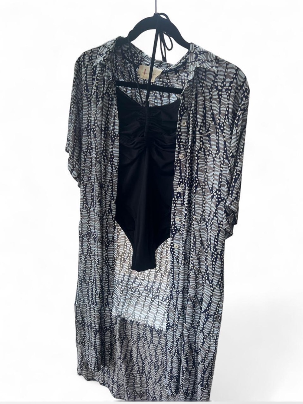 By Anthropologie Abstract Midi Duster/coverup Navy gray and lt blue XS